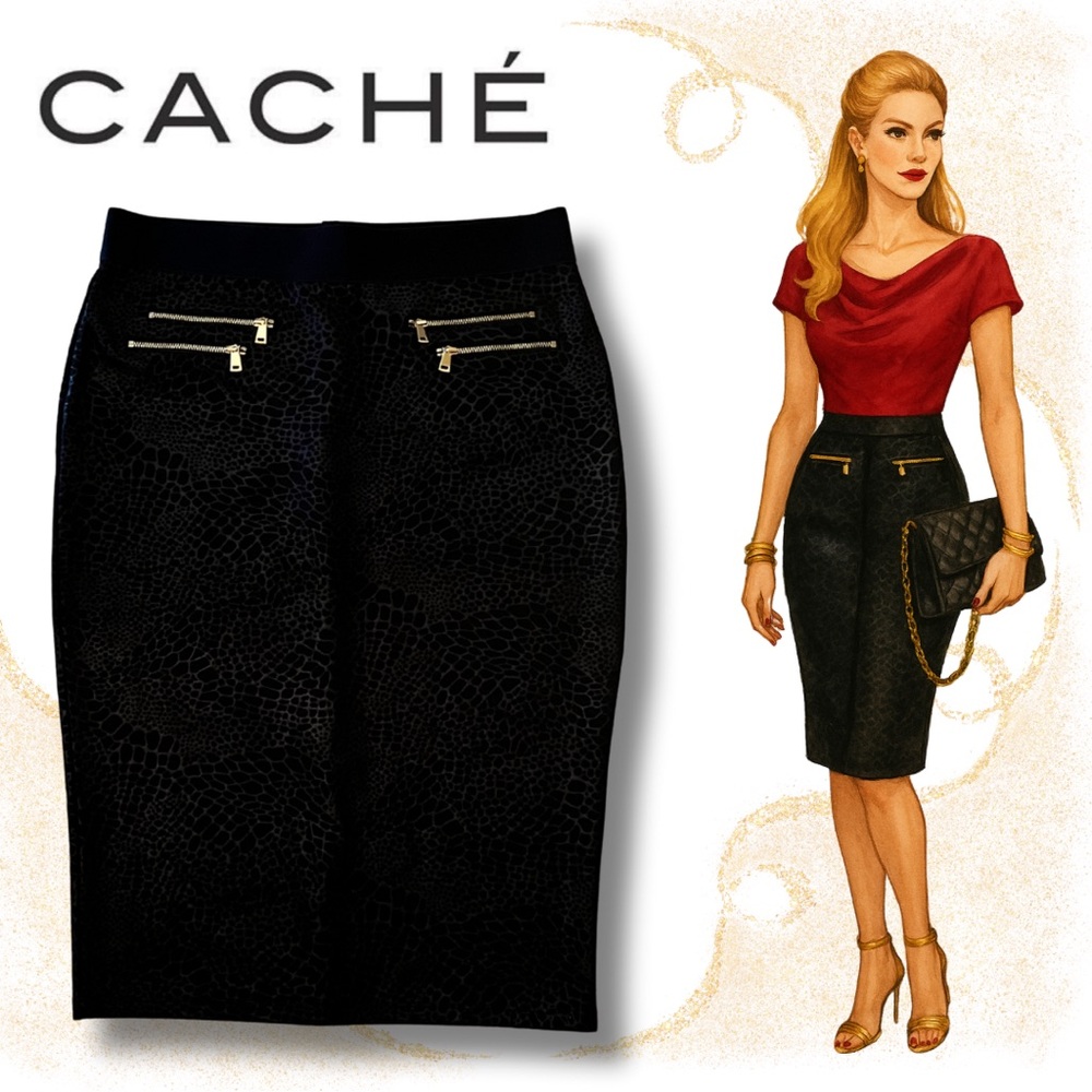 Elegant Black Pencil Skirt with Gold Zipper Accents by Cache, size 10